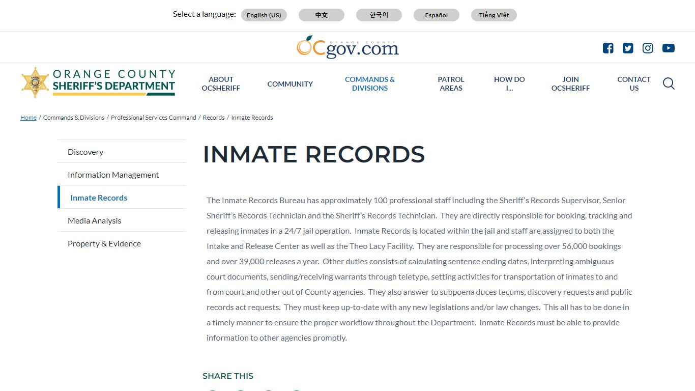 Inmate Records | Orange County California - Sheriff's Department