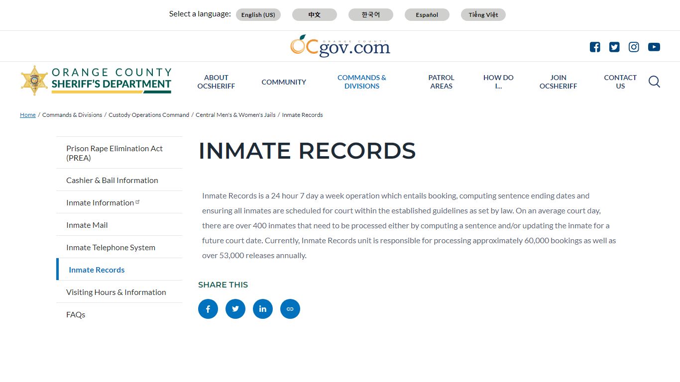Inmate Records | Orange County California - Sheriff's Department